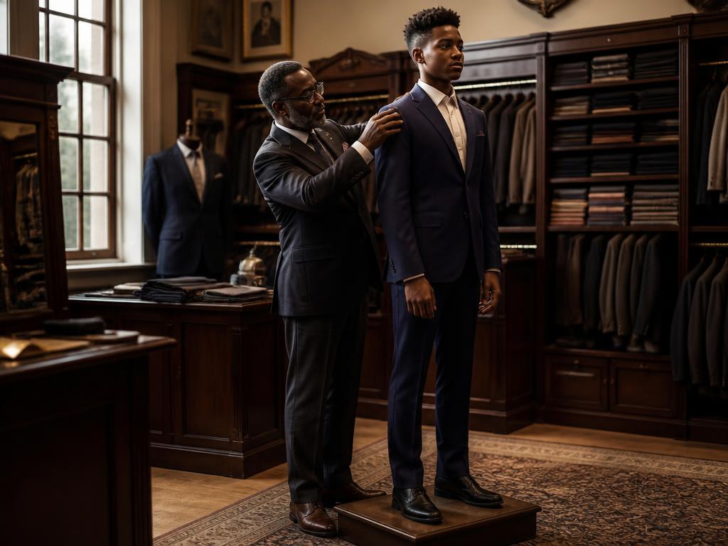A Black tailor fitting a navy suit on an African American teen in a classic tailor shop